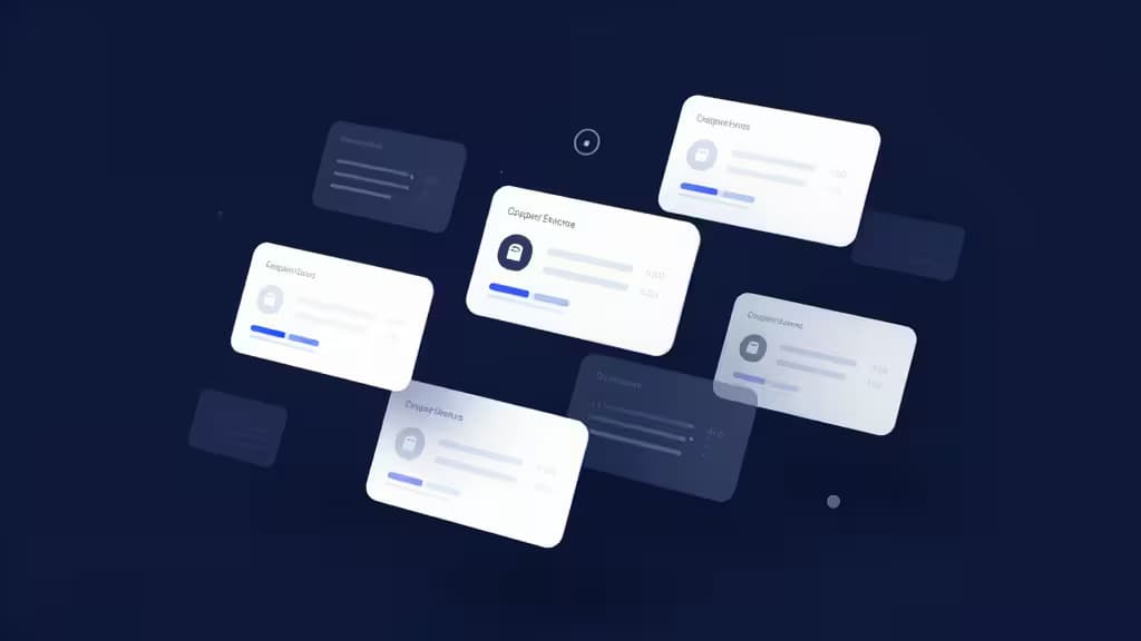 Floating white UI cards with blue progress bars and icons drift across a dark navy background, symbolizing expense tracking and financial dashboards.