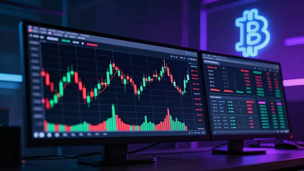 Dual monitors display vibrant crypto charts and grid patterns under neon Bitcoin glow.