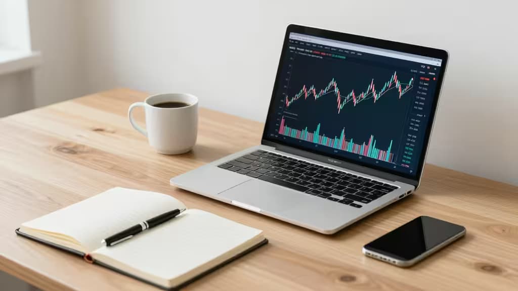 Laptop displays stock charts beside notebook, pen, coffee cup, and smartphone on wooden desk.