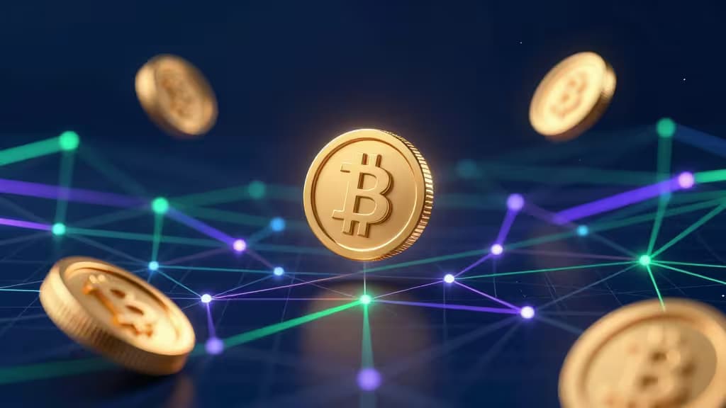 Золотые монеты Bitcoin парят над светящейся цифровой сетью, символизируя криптовалютные торговые платформы.