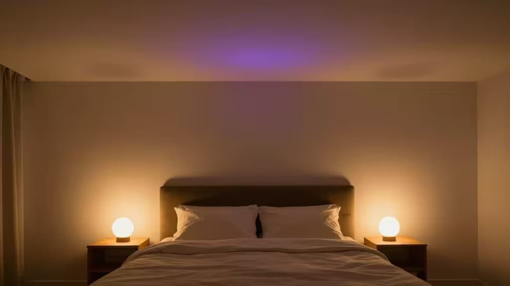Warm bedside lamps and purple ceiling glow illuminate a neatly made bed in a serene bedroom.