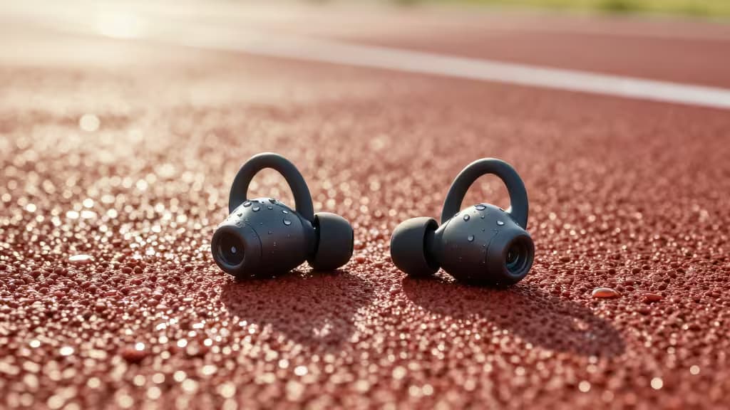 Wireless sport earbuds with ear hooks resting on a running track surface with water droplets in morning light
