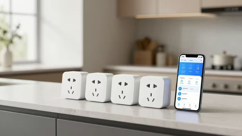 Smart home energy saving devices including smart plugs and a smartphone energy monitoring app on a kitchen counter in soft natural daylight.