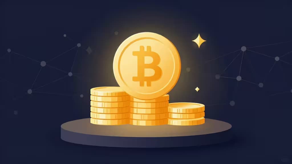 Glowing Bitcoin coins stack on a dark platform, surrounded by network nodes and sparkles, symbolizing staking rewards in blockchain visuals.