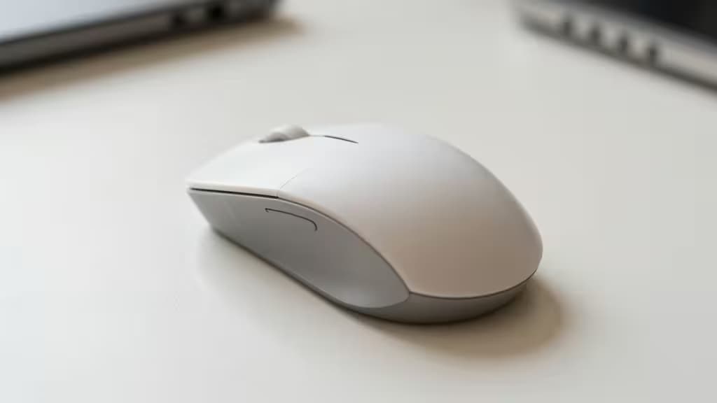 A white vertical mouse rests on a clean desk, its ergonomic design clearly visible against the minimalist background.