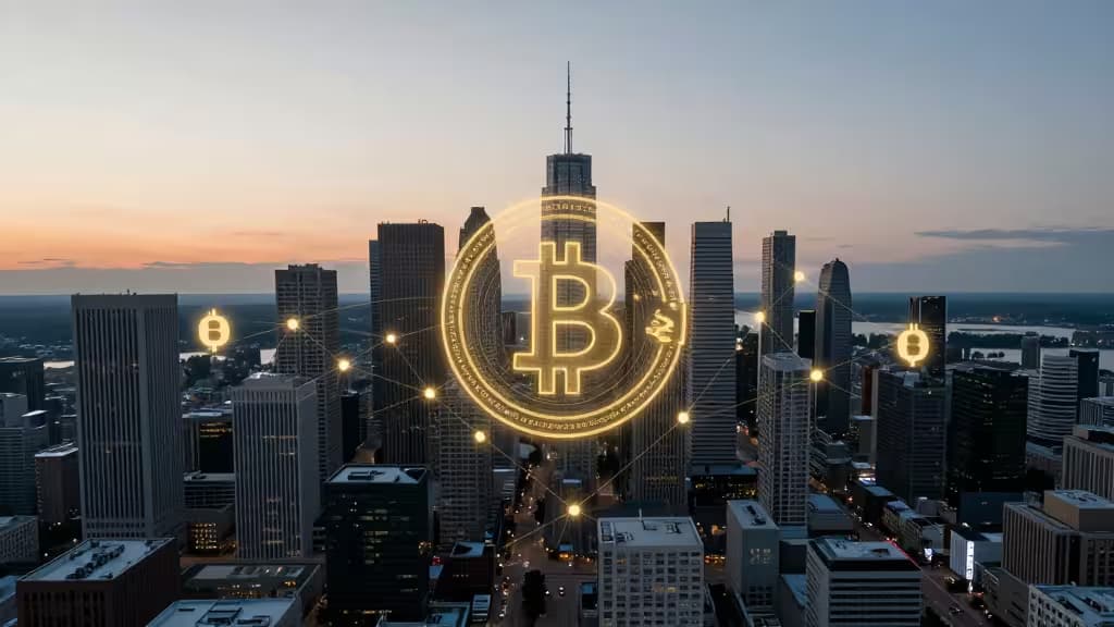 Holograma de Bitcoin brilha sobre o skyline de Toronto ao crepúsculo, simbolizando exchanges de cripto reguladas para canadianos em 2026.