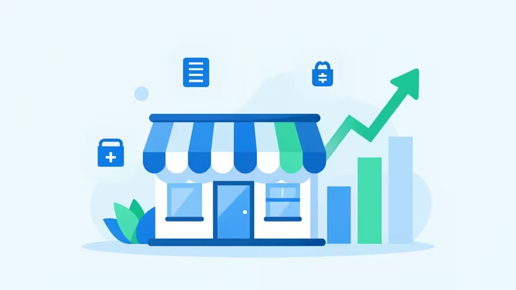 A blue-striped storefront rises beside a green upward-trending bar chart, symbolizing BNPL-driven small business growth.