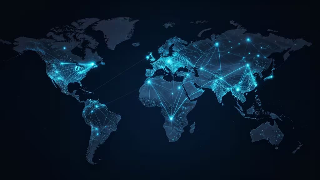 Glowing blue data nodes connect across a dark world map, illustrating a global edge network for low-latency applications.