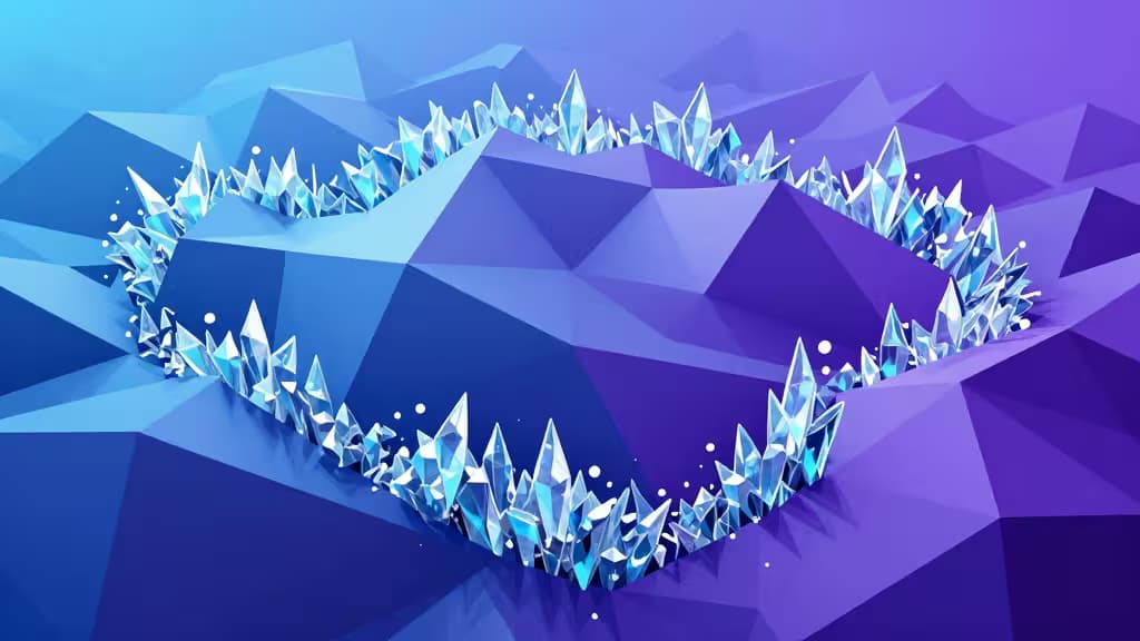 A low-poly mountain range in blue and purple hues, encircled by glowing crystal formations.