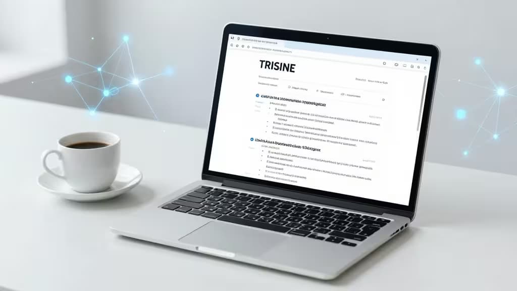 Silver laptop on white desk displays resume with glowing blue AI network graphics beside coffee cup.