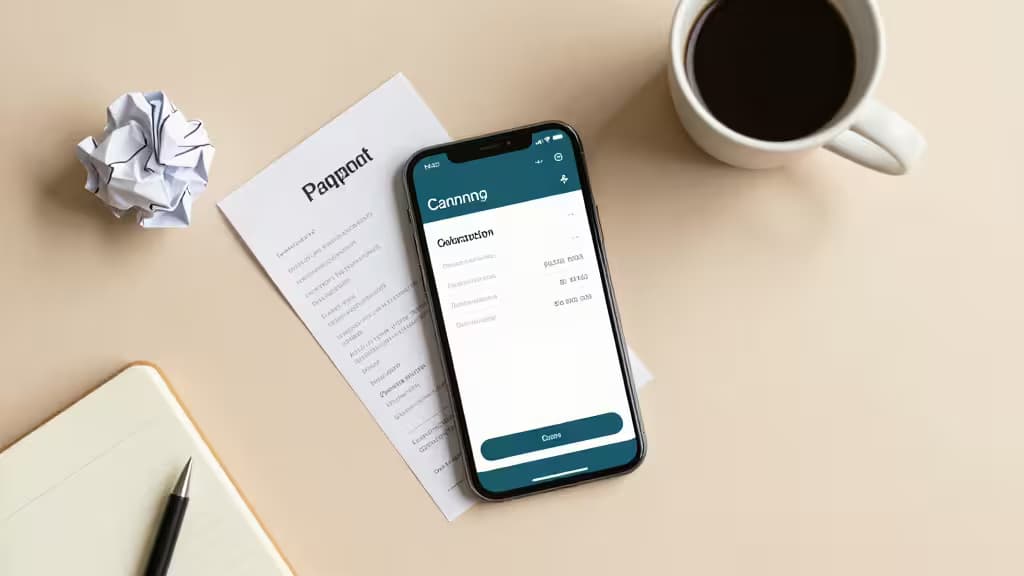 A flat-lay of a solopreneur's desk with a smartphone showing a receipt scanning app, crumpled paper receipts, a coffee cup, and a notebook on a warm neutral background.