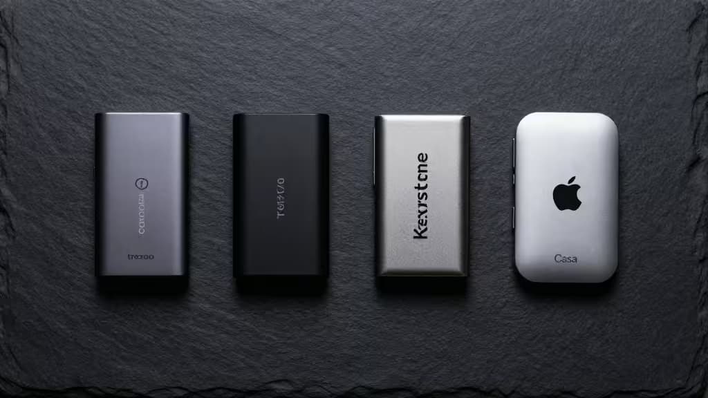Quatre hardware wallets élégants — Coldcard, Trezor, Keystone et Casa — alignés sur une surface en ardoise sombre pour le stockage sécurisé des clés crypto.