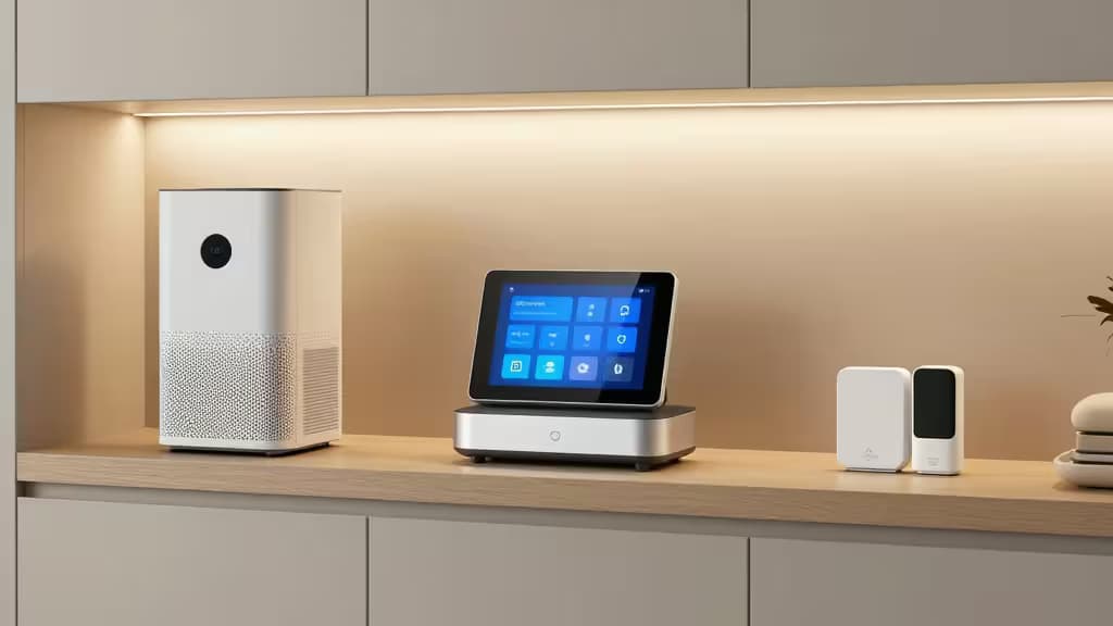 Smart home devices on a wooden countertop in a modern basement setting.