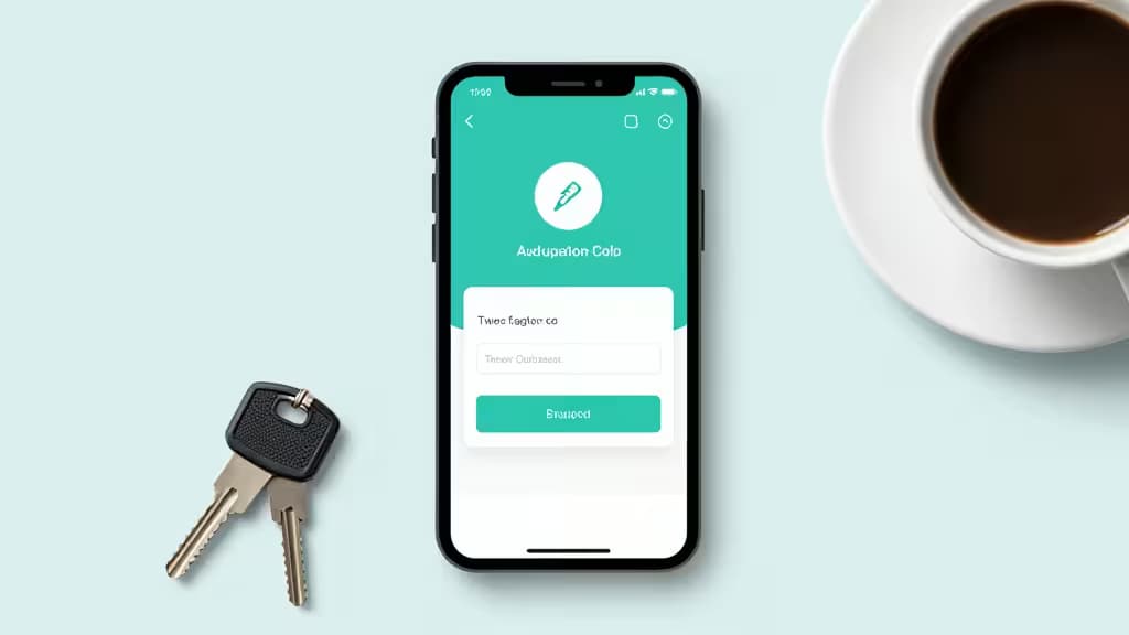 A smartphone displaying a two-factor authentication app sits beside physical keys on a light blue surface.