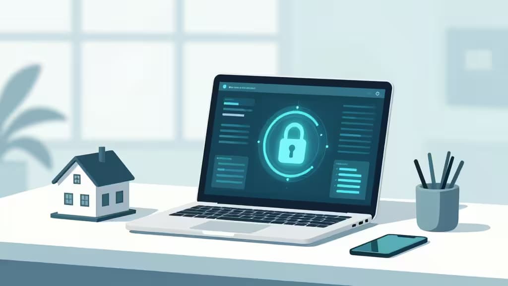 A laptop displays a glowing padlock icon on its screen, symbolizing secure access for real estate professionals managing sensitive client data and transactions.