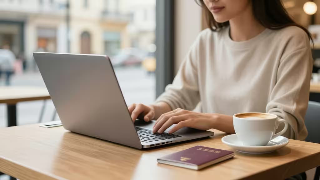 A woman types on a laptop beside coffee and passport at a café table.