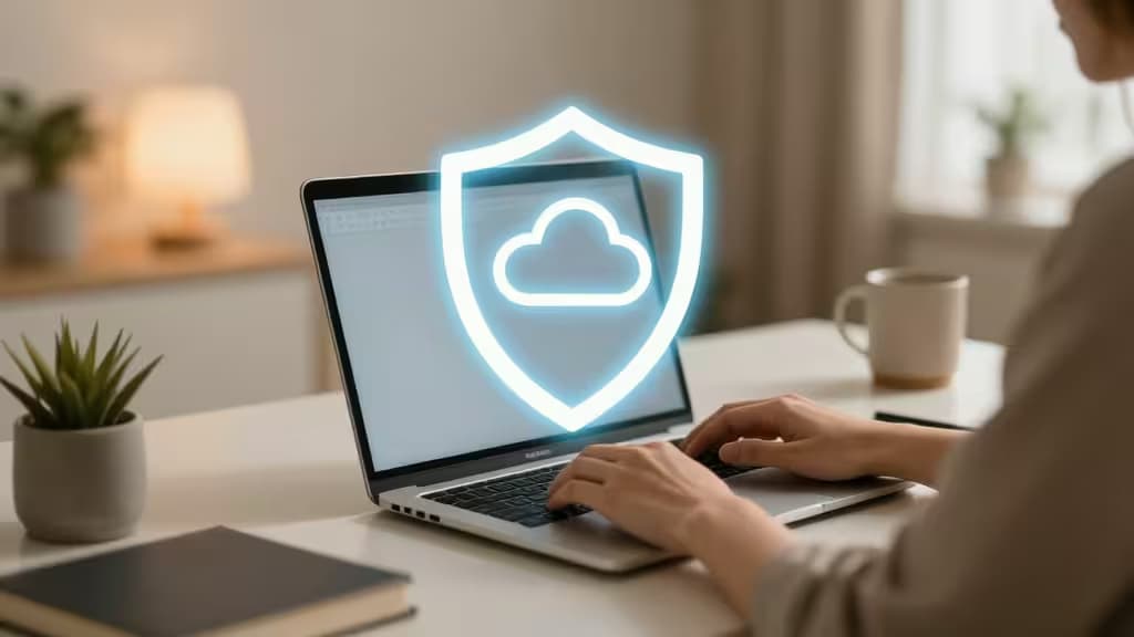 Uma pessoa digita em um laptop com um ícone de escudo brilhante sobreposto, simbolizando o uso seguro e offline de LLMs.
