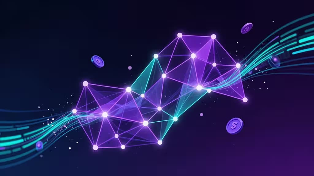 Glowing purple and teal blockchain nodes float amid digital coins, symbolizing decentralized crypto trading platforms like Jupiter and Raydium in 2026.