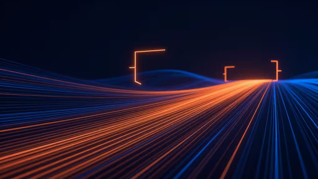 Glowing orange and blue light trails converge beneath floating Rust-brace symbols in a digital landscape.