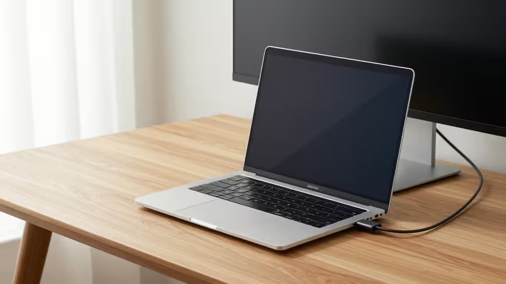 A MacBook Pro laptop connected to a modern external monitor on a minimalist wooden desk with soft natural window light