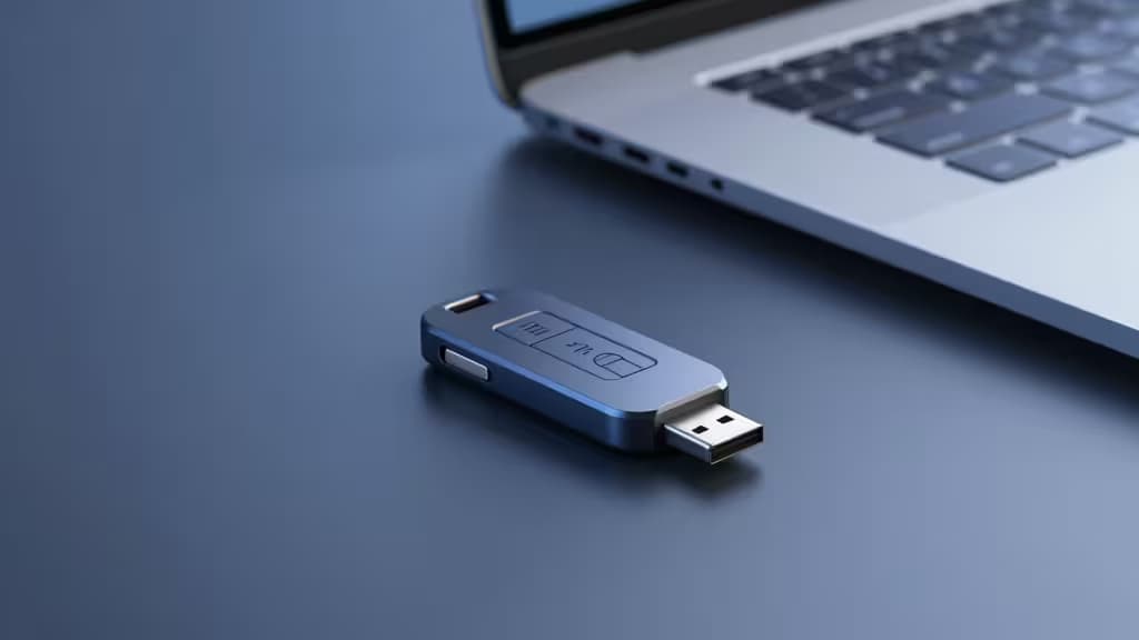 A metallic USB-C security key rests on a dark desk beside a laptop under cool blue ambient lighting.