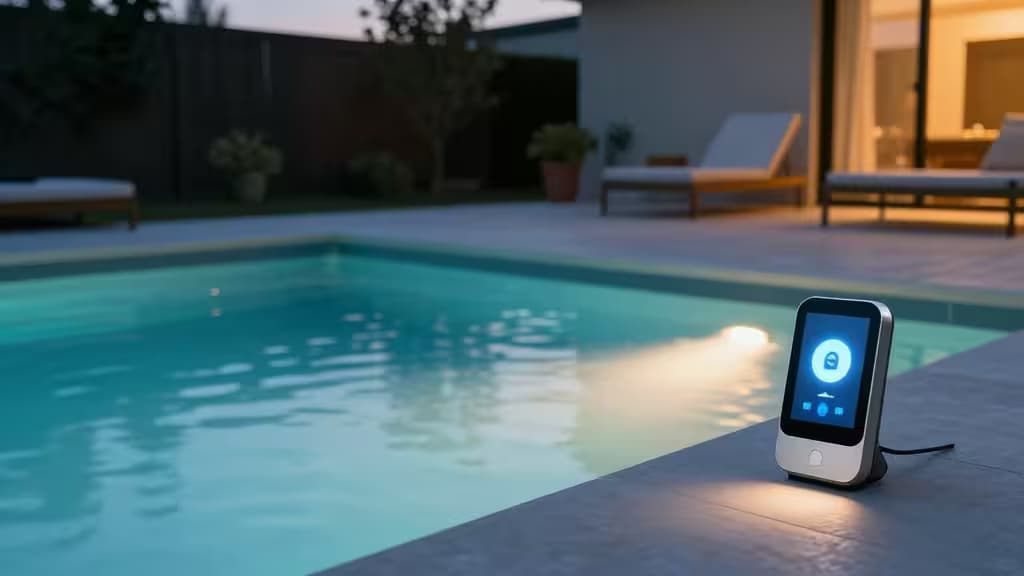 A sleek smart pool controller sits on the concrete deck beside the glowing blue water, showcasing modern backyard automation.