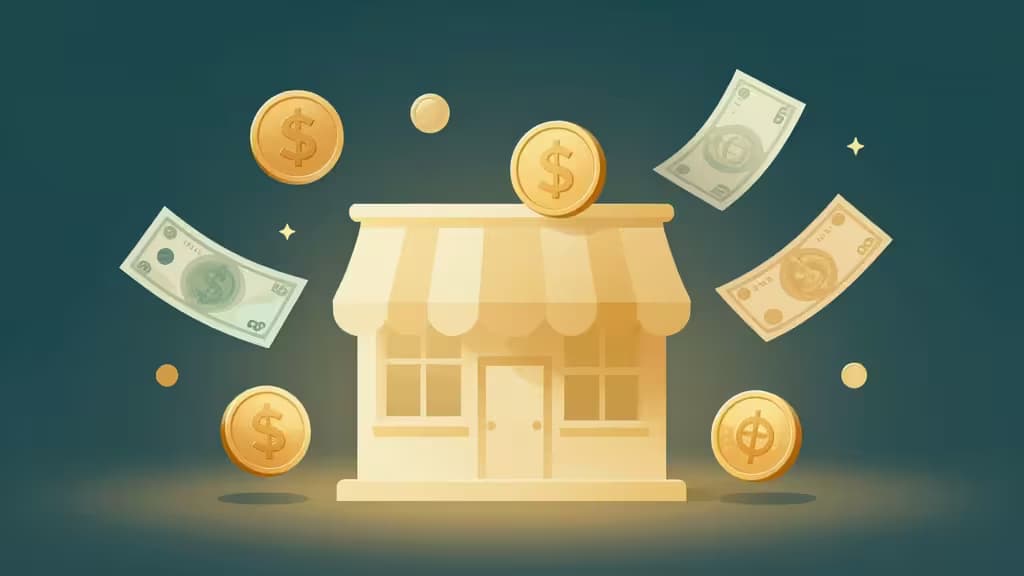 Tienda dorada rodeada de billetes y monedas flotantes sobre fondo turquesa, simbolizando el comercio electrónico global.