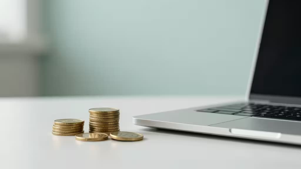 デスクの上に積み重ねられた金貨とノートパソコンを抽象的に表現した、金融・トレジャリー管理のコンセプトイメージ