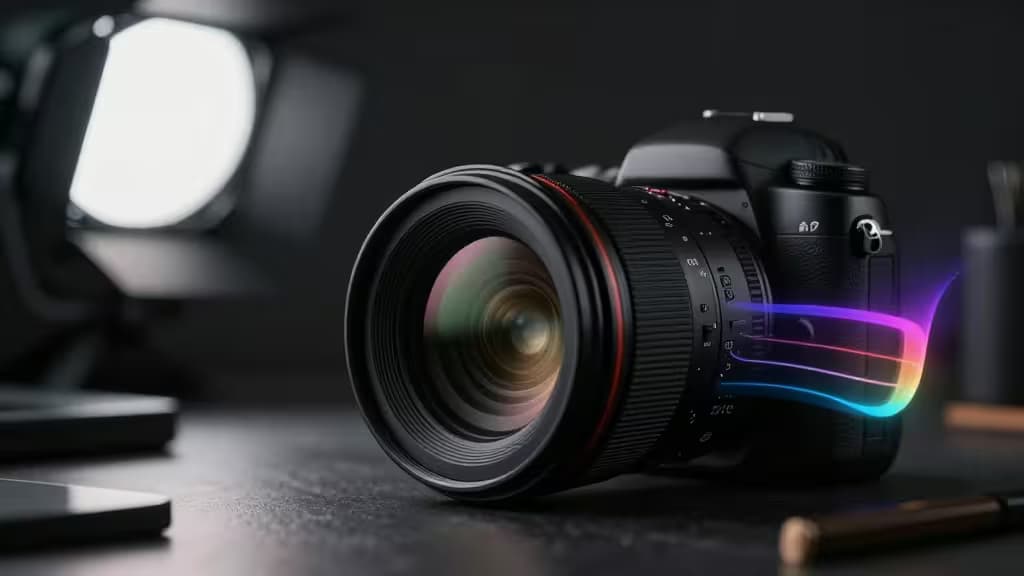 Black DSLR camera on dark desk emits rainbow light streaks, symbolizing AI photo editing power in a professional studio setting.