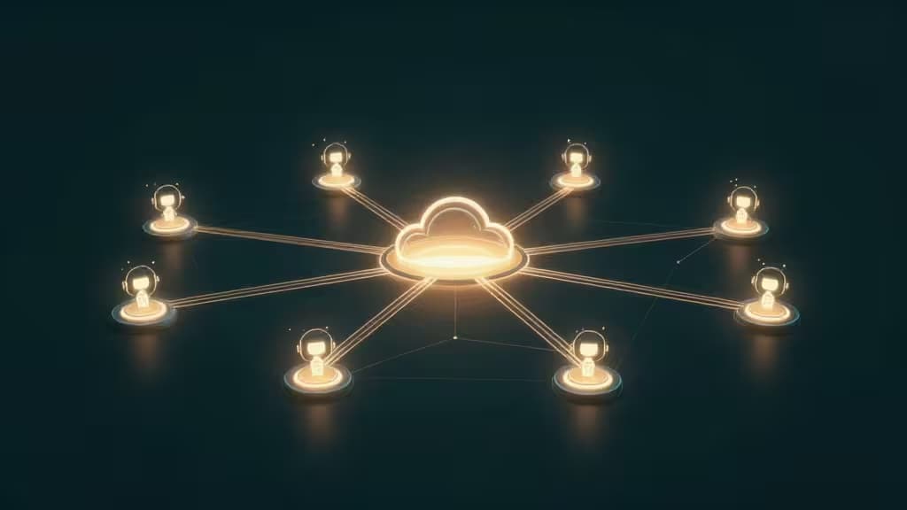 Abstract illustration of a cloud computing network with glowing AI agent nodes connected by luminous data streams in dark teal and amber tones.