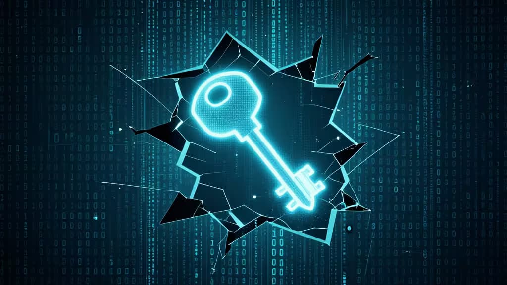 Glowing key shatters digital glass, symbolizing VPNs breaking through censorship barriers.