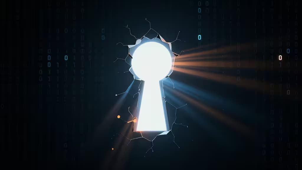 A glowing keyhole shatters through a digital wall, symbolizing access to restricted online content.