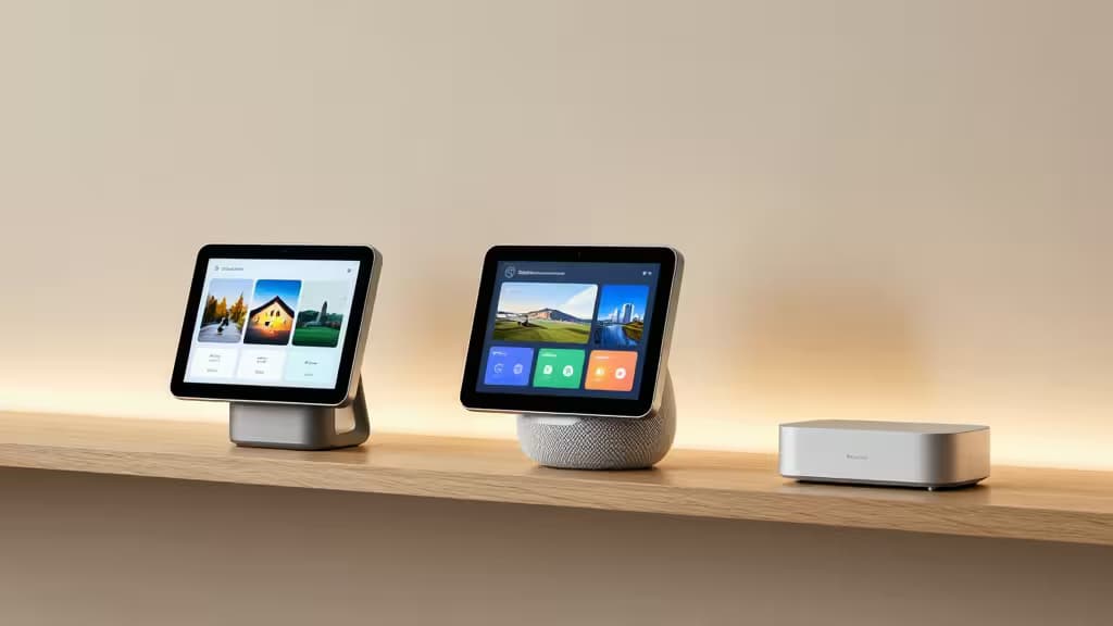 Two Google Nest Hub Max tablets and an Aqara Hub M1S sit on a wooden shelf.
