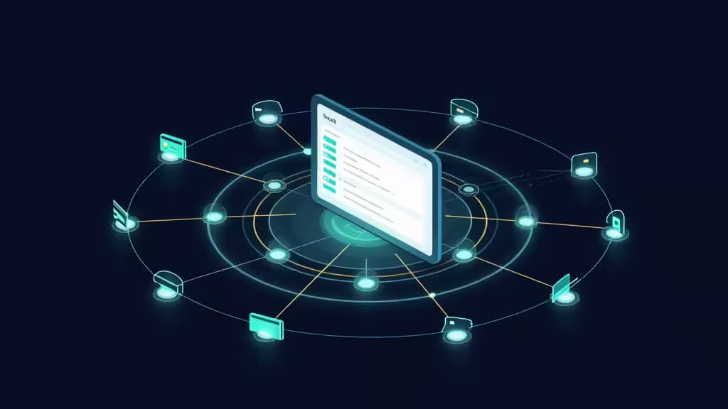 Glowing teal payment icons orbit a central API dashboard on dark blue, symbolizing interconnected SaaS finance infrastructure.