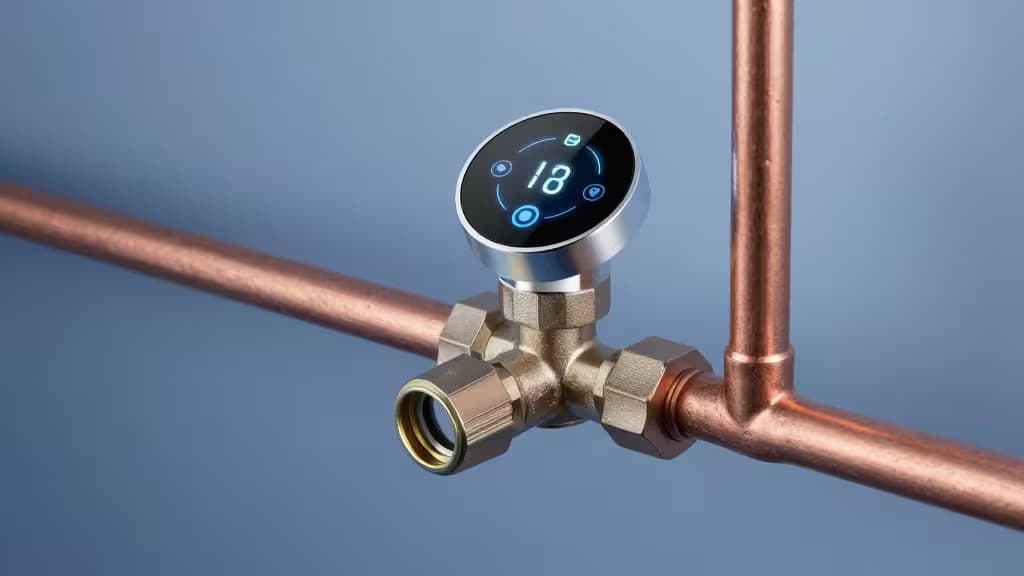A smart water shutoff valve mounted on a copper pipe with a glowing digital interface, representing automatic whole-home leak protection.