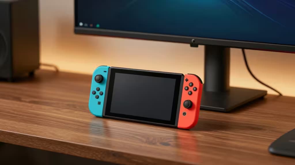 Nintendo Switch OLED conectado a um monitor portátil sobre uma mesa de madeira com iluminação ambiente aconchegante, setup gamer minimalista