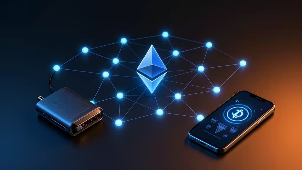 A glowing Ethereum logo floats above a hardware wallet and smartphone, connected by blue blockchain nodes on a dark gradient background.