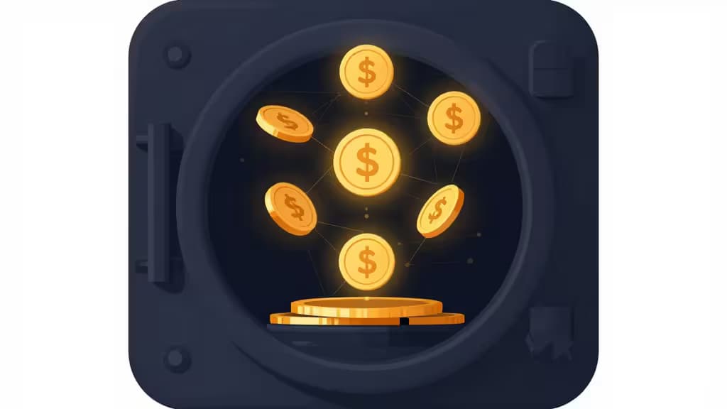 Abstract illustration of cryptocurrency savings with golden tokens floating above a secure vault connected by blockchain network lines on a dark navy background
