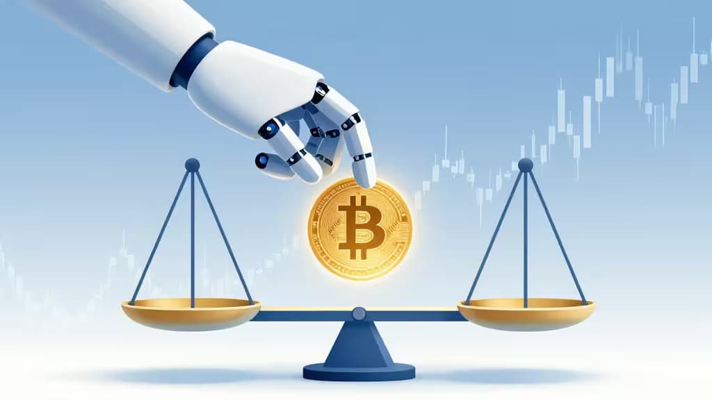 A robotic hand places a glowing Bitcoin on a balanced scale, symbolizing automated crypto investment decisions.