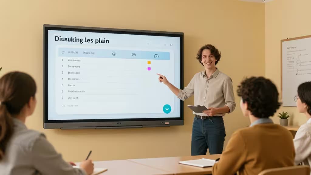 Een docent wijst naar een AI-gegenereerd lesplan op een groot scherm in een klaslokaal.