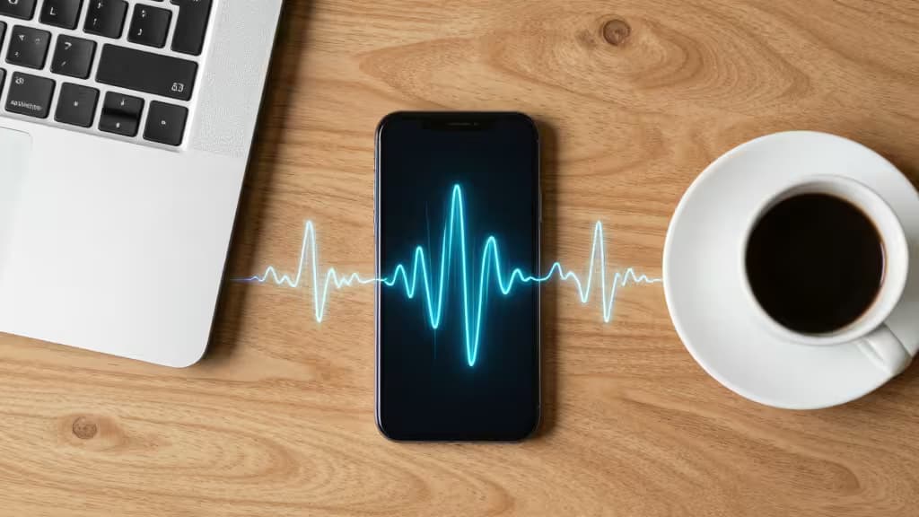 A smartphone displays a glowing audio waveform, flanked by a laptop and coffee cup on a wooden desk.