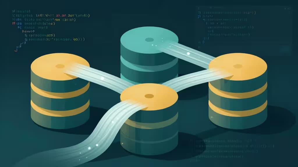 Four teal and gold database cylinders connect via glowing streams against a dark, code-filled background.
