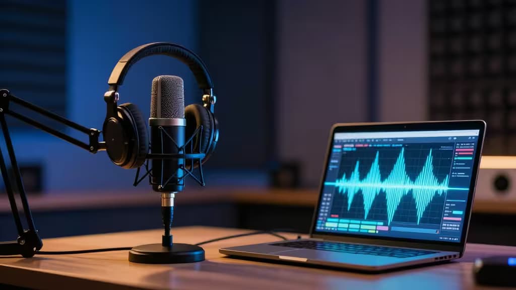 Professionelles Mikrofon und Kopfhörer neben Laptop mit Audio-Wellenform-Darstellung – Podcast-Produktion mit KI-Tools