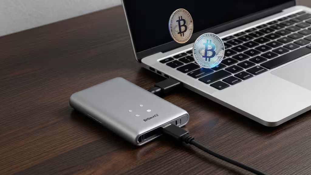 Silver BitBox02 hardware wallet connects to MacBook Pro, with floating Bitcoin coins above keyboard.