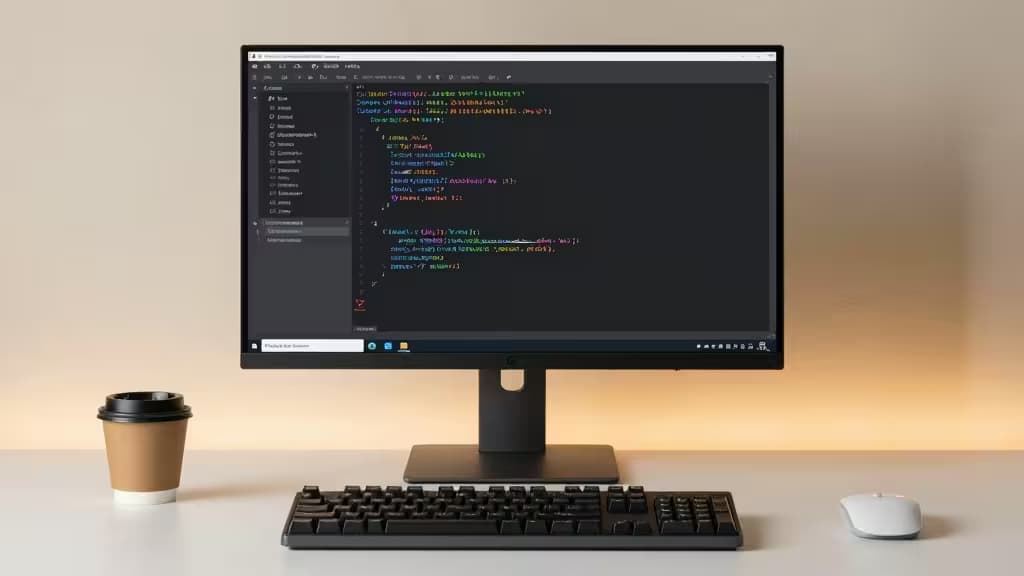 A minimalist desk setup with a monitor displaying Go code, keyboard, mouse, and coffee cup.