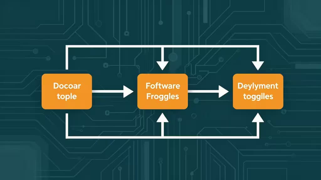 Abstract geometric illustration of software feature flag toggles and deployment pipelines in dark teal and orange tones