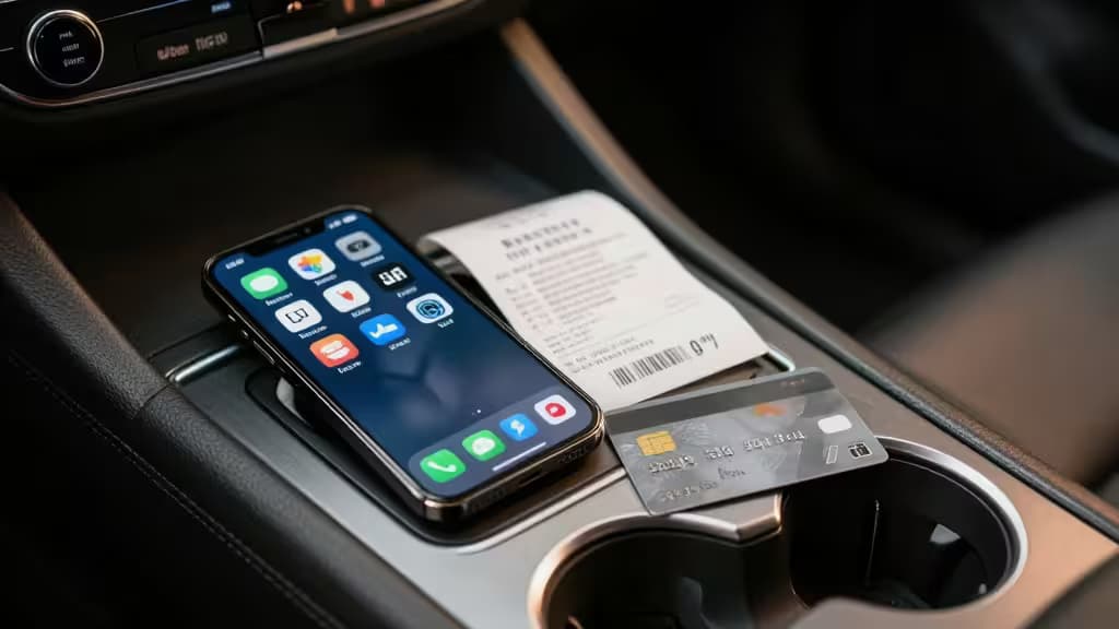 A smartphone, gas receipt, and credit card rest on a car's center console.