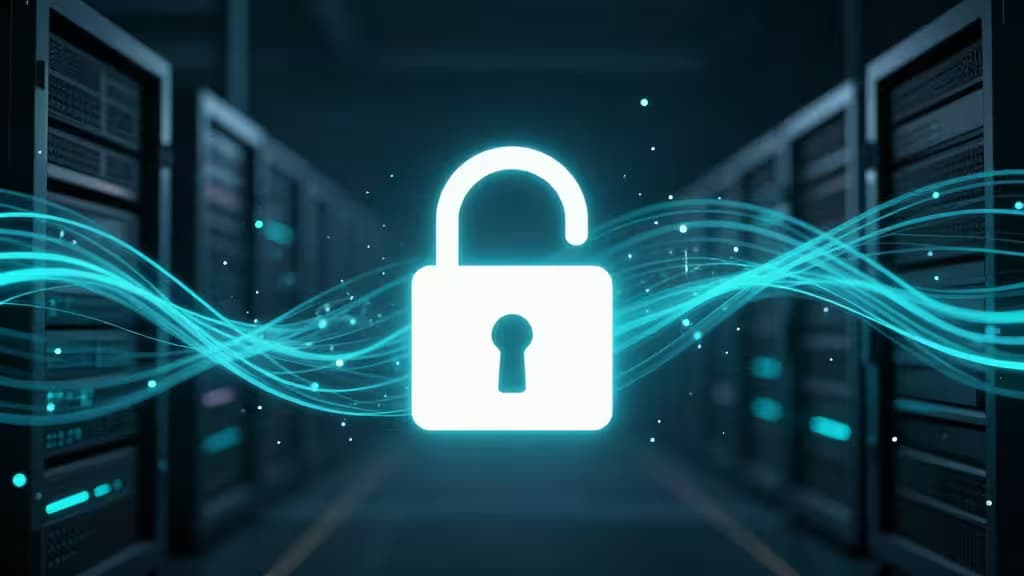 Glowing padlock icon floats amid server racks, symbolizing secure, no-log VPN protection.