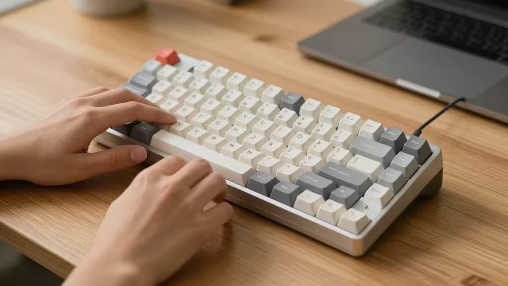 Small hands type on a compact mechanical keyboard with white, gray, and red keycaps on a wooden desk.