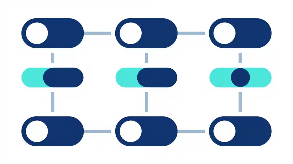 Neun blaue Kippschalter in einem Raster angeordnet, einer in Cyan aktiviert — symbolisiert Feature-Flag-Management.